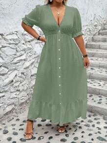 Breezaya Plus Swiss Dot Puff Sleeve Ruffle Hem Dress - Green - View 4