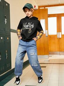 SHEIN Boys' Plaid Patchwork Look Up American Style Sweatshirt - Black - View 6