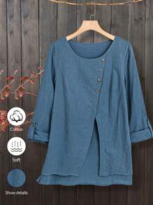 EMERY ROSE Women's Round Neck Long Sleeve Split Hem Solid Color Shirt For Summer - Dusty Blue - View 1