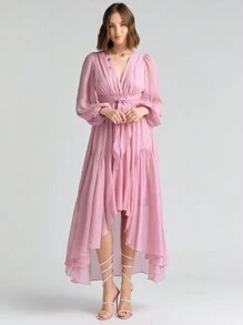 Enchnt 露肩喇叭袖束腰不對稱下擺連衣裙 - 粉色 - 查看 5