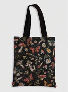 ROMWE Fairycore Mushroom Butterfly Insect Pattern Double-Sided Printed Canvas Shoulder Bag, Butterfly Bag