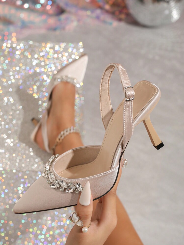 CUCCOO HITCHD Ladies' Apricot, Nude, And Ivory Colored Elegant High Heels For Dressy Occasions. It Features A Gorgeous Chain-Linked Shimmering Rhinestones Decoration And A Large Gemstone. The Shoes Are Made Of Luxurious Light Pink Satin With Pointed Silk Toe And Black High Heels. They Are Designed For Parties, Formal Events, And Weddings. Foldable Butterfly Orchid Flowers And Buckle Closure Add To The Beautification Of The Shoes. Spring Shoes Spring Break Easter Prom Heels For Christmas Elegant Shoes - Beige - View 3