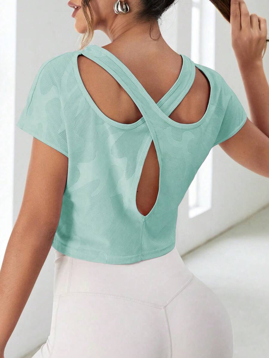 SHEIN Sports Seamless Raglan Sleeve Crop Sports Teeworkout Tank Top Gym Women Shirts - Mint Blue - View 1