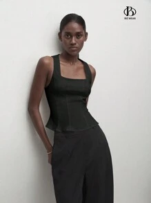 BizChic 女士弹力短款休闲上衣/吊带背心，浪漫优雅，百搭，商务休闲，办公室装，教师装，婚礼宾客装，秋季 - 黑色 - 查看 6