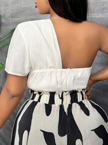 SHEIN SXY Women Plus Curve  One Shoulder Ruched Crop Top - White - View 6