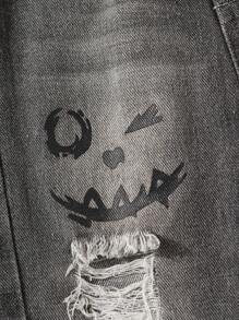 Baby Boy's Street Style Cool And Cute Smiling Printed Cut-Up Straight-Leg Jeans With Elastic Waist And Pockets, All-Season Fashion Essential