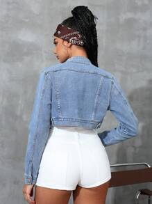 SHEIN EZwear Solid Color Zipper Closure Casual Long Sleeve Denim Jacket - Light Wash - View 2