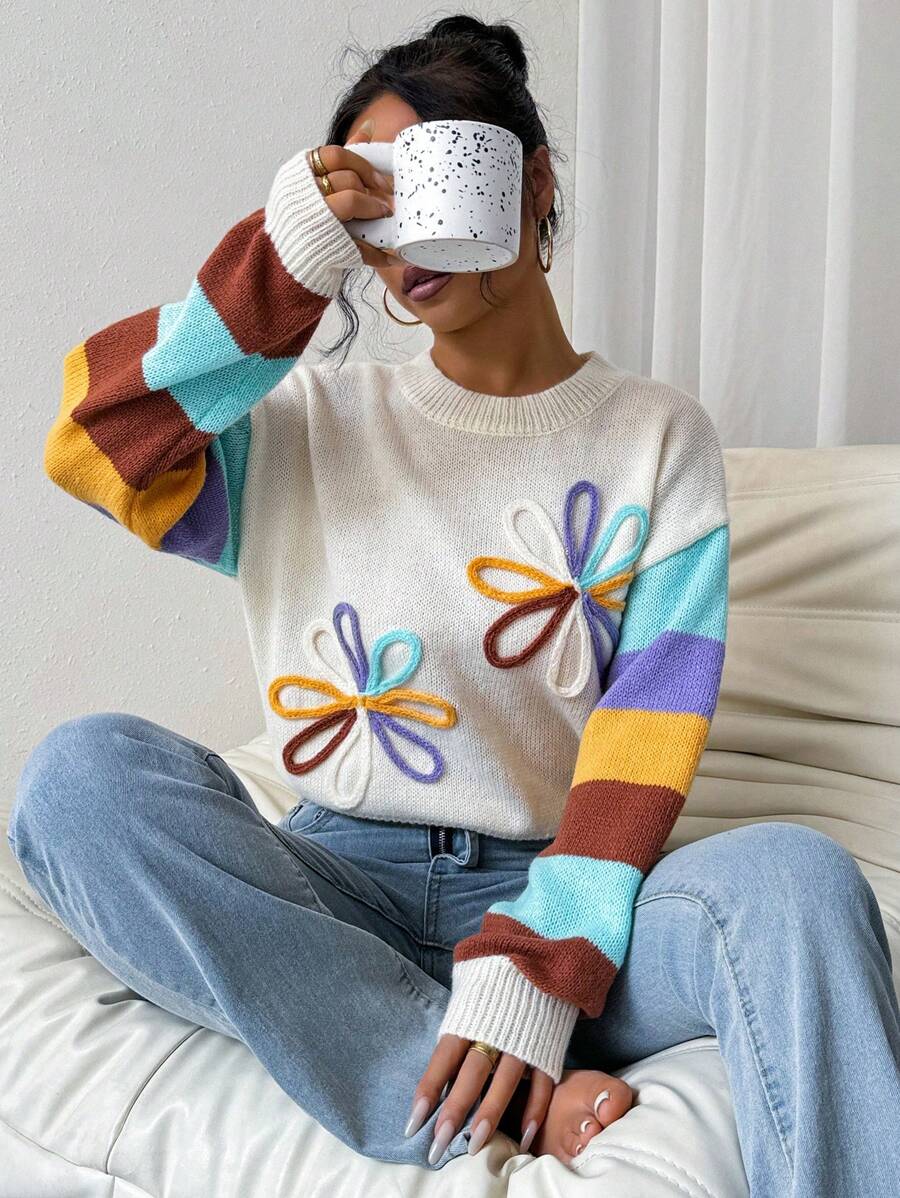 EMERY ROSE 撞色圆领落肩毛衣，长袖上衣，针织套头衫，秋冬款 - 杏色 - 查看 1