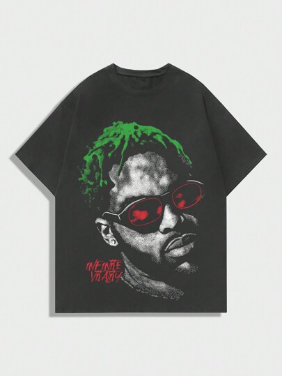 Street Life Men's Portrait Printed Short Sleeve T-Shirt, Suitable For Daily Wear In Spring And Summer, School