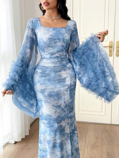 Modelyn 女士扎染拼布 3D 网眼喇叭袖美人鱼朴素连衣裙派对优雅晚会长袖超长连衣裙长晚礼服