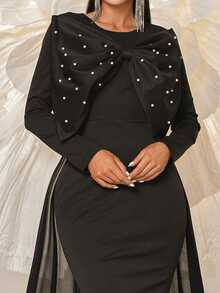 Missord Ladies' Sheer Mesh Beaded Decor Long Sleeve Prom Dress Black Elegant Formal Evening Wedding Guest Gown, For Graduation, Dinner - Black - View 8