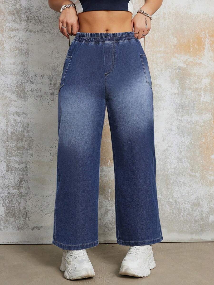 女式復古風格彈性腰寬鬆直筒牛仔七分褲 - 藍色 - 查看 1