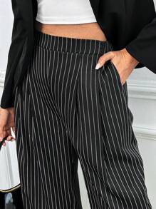 SHEIN Essnce Women Dress Pants Uniform Pants Teacher Pants Ladies' Commuting Black Striped Elastic Waist Wide Leg Trousers With Double Pockets - Black and White - View 7