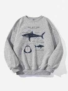 SHEIN EZwear Casual And Simple Shark Printed Flower Grey Round Neck Long Sleeve Loose Oversized Women's Sweatshirt GREAT WHITE SHARK,Long Sleeve Tops Autumn And Winter