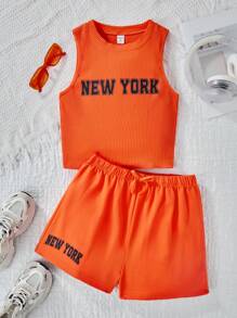 少女無袖圓領字母印花上衣和短褲套裝，日常休閒穿搭 - 橘色 - 查看 1