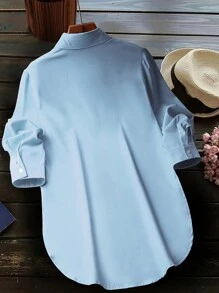 女士时尚侧开衩下摆假口袋休闲衬衫 春季 - 藍色 - 查看 3