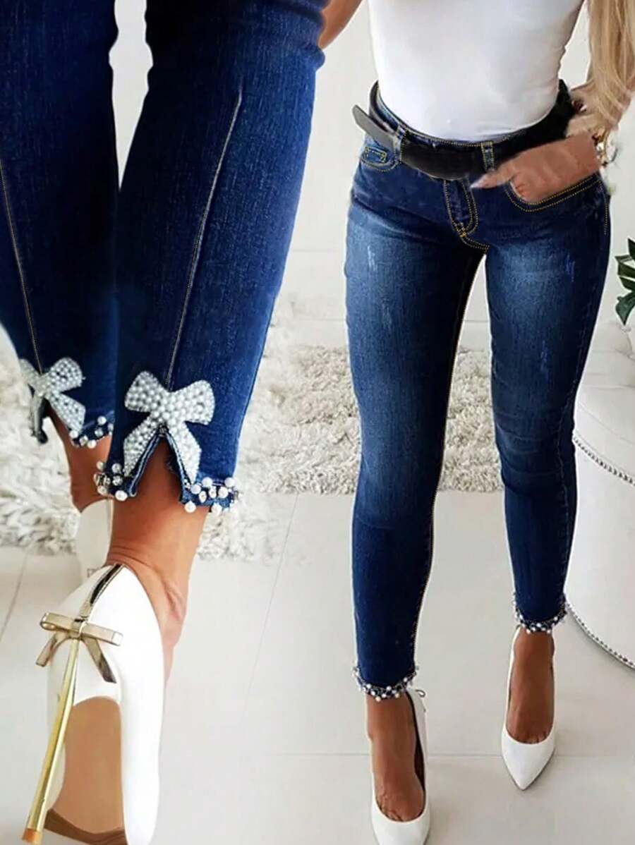 1pc Fashionable Studded Bowknot Decor Skinny Jeans With Pockets For Young Ladies - 深色水洗藍 - 查看 1