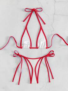 Swim SXY 女性夏季海灘拼色頸掛式性感比基尼套裝，微三角式 - 紅白色 - 查看 2