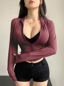 DAZY Camiseta de cuello alto ajustada de manga larga para mujer
