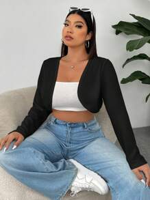 SHEIN EZwear Plus Solid Open Front Crop Jacket For Dailywear Winter Fall Autumn - Black - View 6