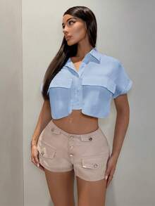 SHEIN SXY Summer Short-Sleeved White Crop Top Shirt - Baby Blue - View 3