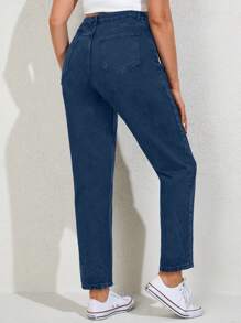 EURMUSE Plus Size  Solid Color Front Button Multiple Pockets Long Pants, Daily Casual - Medium Wash - View 2