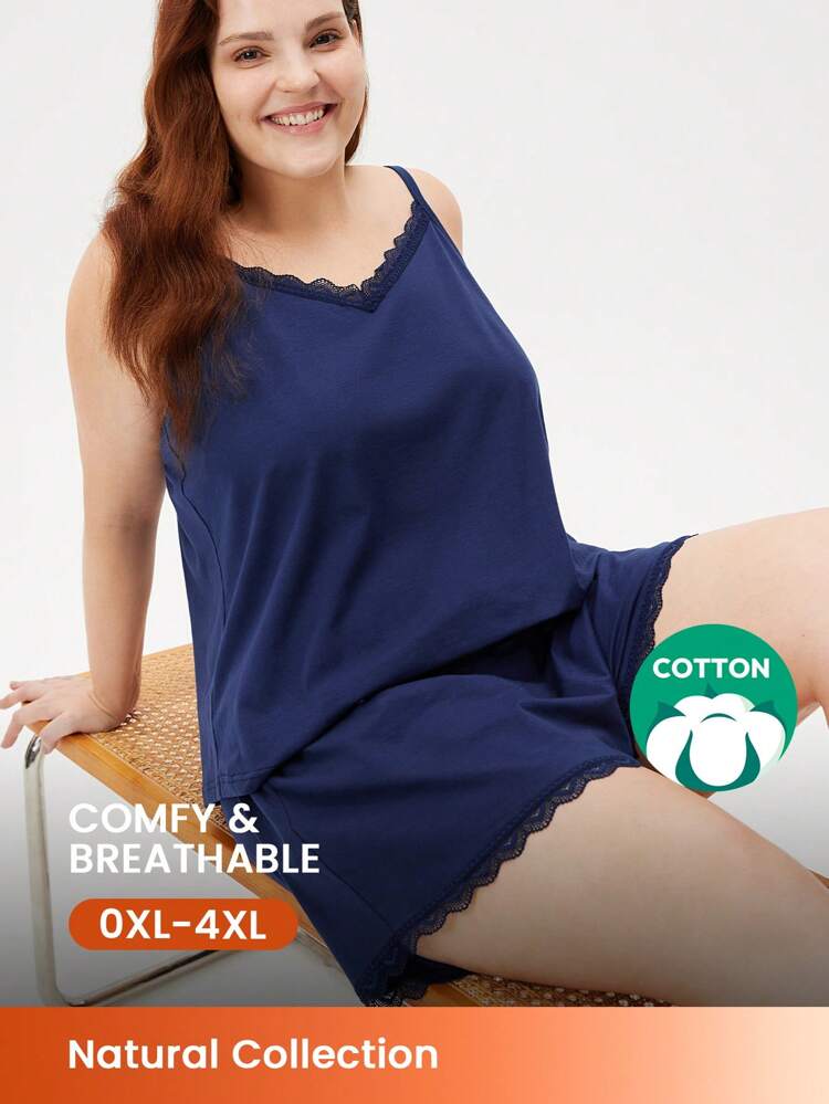 Conjunto de Pijamas de Verão Plus Size para Mulheres em Algodão Macio Azul Marinho, Conjunto de Camiseta com Renda e Shorts, Conjunto de Loungewear, Conjunto de Lingerie e Pijamas Combinados em Algodão
