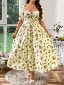 Sunnyshic Vestido romántico de talla grande con estampado floral, cintura ajustable con cordón, mangas abullonadas y ribete de encaje alrededor del pecho