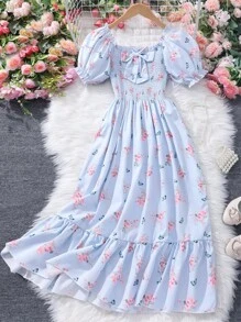 SHEIN Floral Print Short Sleeve Teenage Girls' Dress - Baby Blue - View 1