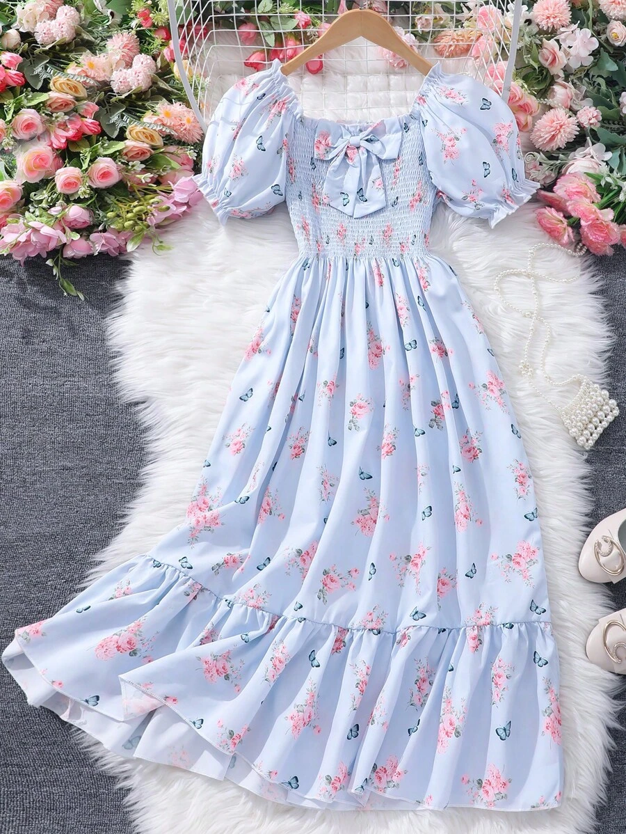 SHEIN Floral Print Short Sleeve Teenage Girls' Dress - Baby Blue - View 1