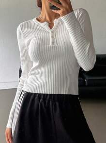 DAZY Áo thun nữ dáng ôm mùa xuân/hè màu trơn nửa tay trước có sọc - trắng - Xem 3