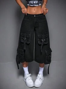 SHEIN ICON Quần Jeans Capri Denim Ống Rộng Dáng Rộng Cho Nữ Có Nhiều Túi Đựng Đồ Công Sở - màu đen - Xem 6