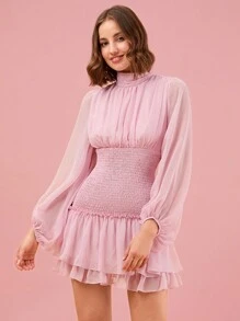 Enchnt Robe à manches longues pour femmes, couleur unie et simple, pour un port quotidien - Rose bonbon - Voir 4