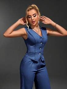 SHEIN SXY 女士純色簡約日常穿搭無袖牛仔褲外套