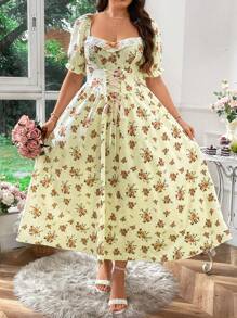 Sunnyshic Vestido romántico de talla grande con estampado floral, cintura ajustable con cordón, mangas abullonadas y ribete de encaje alrededor del pecho