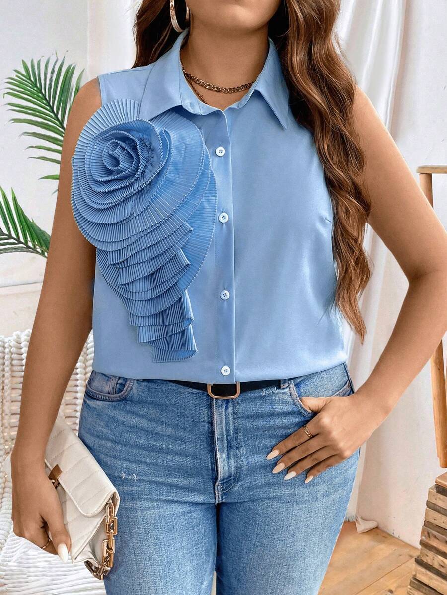 SHEIN Clasi Plus Stereo Flowers Button Front Sleeveless Shirt - Blue - View 1