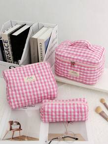 1 Piece Pink Plaid Women Makeup Bag Gingham Toiletry Pouch Travel Zipper Cosmetic Bag Storage Pouch Checkered Pattern Large Capacity Make Up Organizer Travel Skincare Makeup Storage Bag With Handle Multifunctional Storage Bag Portable Toiletries Travel Storage Bag, Handheld Bag, Minimalist Jewelry Storage Bag, Cosmetic Zipper Storage Bag Perfect For Outdoor Travel Girls Decoration Bag Cute Handbag Wallet Pouch Case Portable Cosmetics Brush Storage Clutch With Zipper Closure For Brush, Skincare, Mobile Phone, Coin, Small Items Storage Makeup Organizer Makeup Case Makeup Bags - Pink - View 1