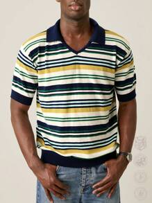 Manfinity EZcore Men's Striped Collar Short Sleeve Top, Casual Everyday Wear,Back To School - Multicolor - View 1