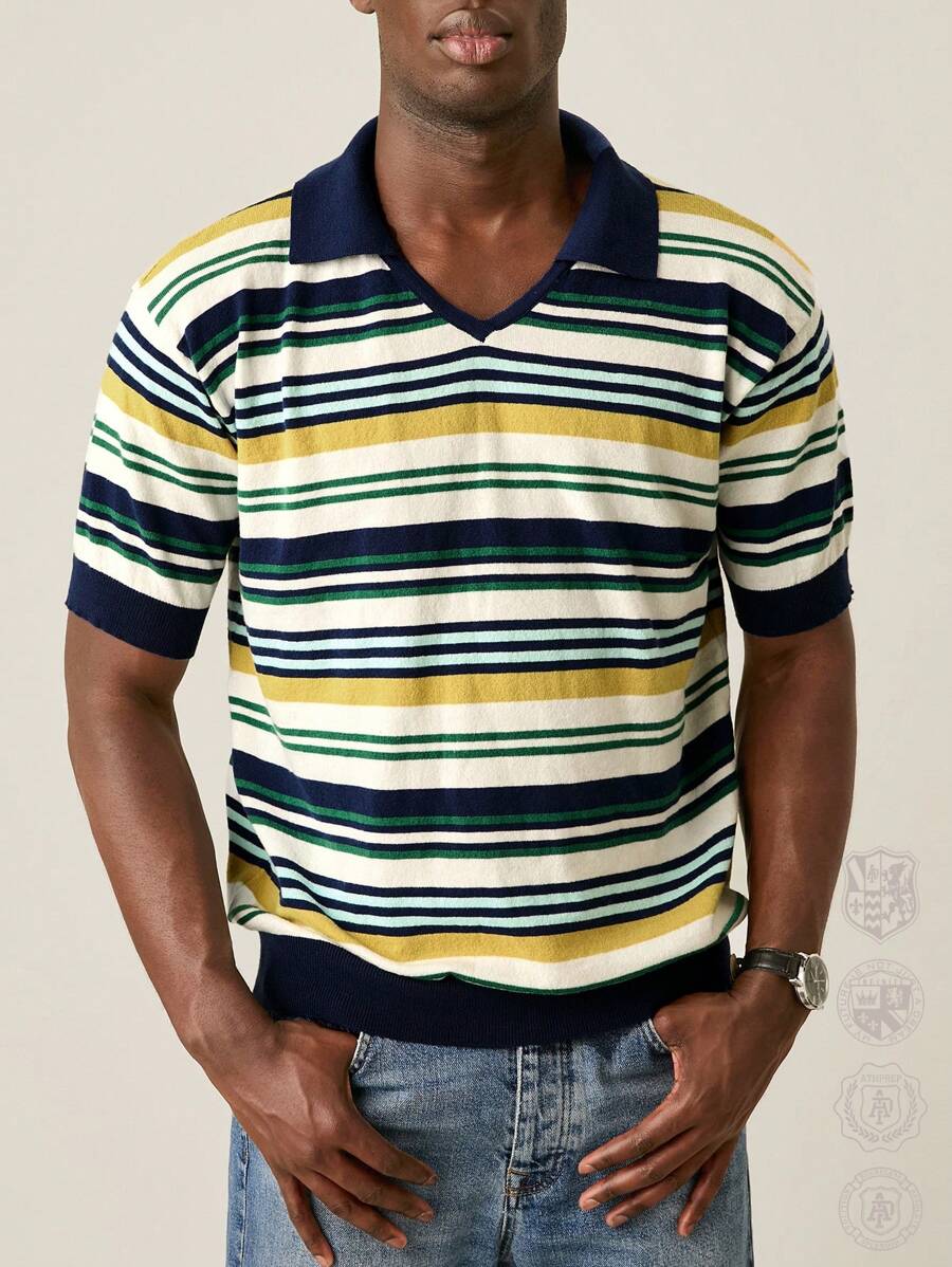 Manfinity EZcore Men's Striped Collar Short Sleeve Top, Casual Everyday Wear,Back To School - Multicolor - View 1