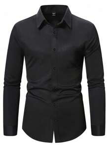 Manfinity Mode Men Solid Button Front Long Sleeve Shirt, Fall - Black - View 8