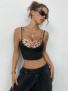 Flirla Top de verano para mujer con estampado de leopardo tejido, recortado y ajustado con decoración de lazo y contraste de estampado de leopardo