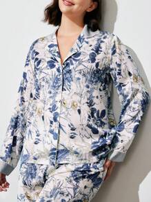 LUVLETTE Satin Large Scale Floral Long-Sleeve Button-Up & Pants Women Pajama Set Lounge Sets Lingerie