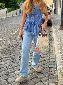 INAWLY Camiseta sin mangas para mujer con estampado de rayas y decoración de lazo - Multicolor - Ver 3