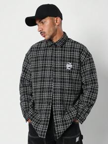 SUMWON Designer Tweed Button Up Overshirt Jacket Streetwear Fashion Long Sleeve Classic Check Pattern Winter Fall Casual Outerwear Workwear Style High End Clothing - Black and White - View 2