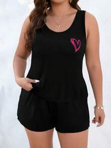 SHEIN LUNE Bộ đồ hai mảnh thường ngày in hình trái tim cỡ lớn không tay và quần short - màu đen - Xem 3