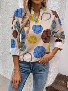 SHEIN LUNE 假日休閒H型剪裁全印花圓點衬衫，有翻領 - 卡其色 - 查看 6