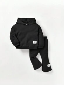 Cozy Pixies 2pcs Baby Girl Neutral Outfit Set - Graphic Print Hoodie And Flared Pants, Black - Black - View 11