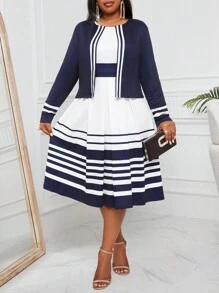 SHEIN Lady Conjunto de dos piezas con chaqueta corta de cárdigan a rayas de bloque de color y vestido plisado A-line, sin mangas, cintura ceñida, vestidos de mujer blancos, conjuntos de dos piezas de mujer, atuendos de mujer para salir, atuendos para las cuatro estaciones - Azul y blanco - Ver 6