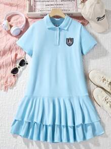 SHEIN Girls' College Style Polo Neck Casual Short Sleeve Dress, Summer Holiday