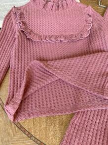 SHEIN Babygirl 纯色针织荷叶边下摆长袖上衣和松紧腰长裤两件套，秋冬 - 粉色 - 查看 11